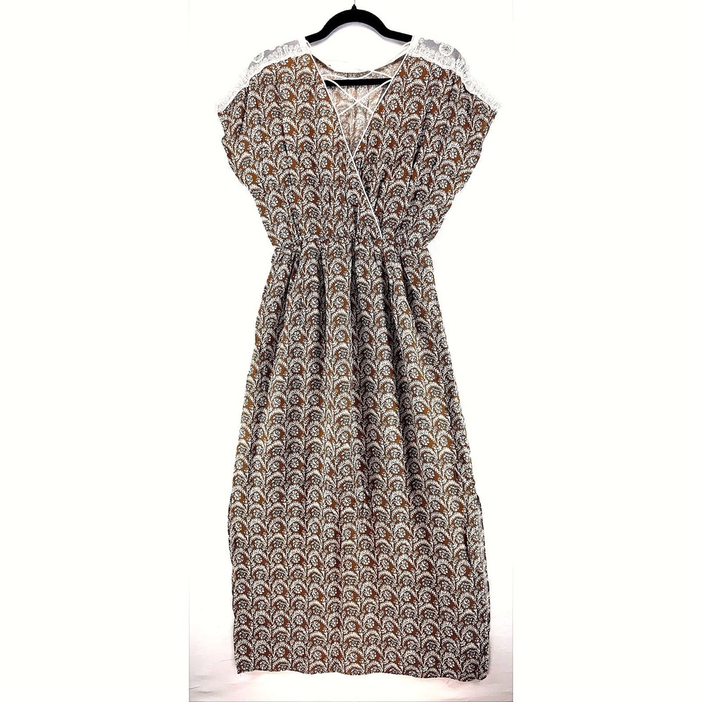 Brown Blue Paisley Lace Shoulder Crisscross Cottagecore Tradwife Maxi Dress Sz M